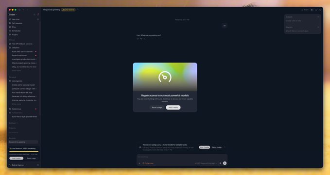 A dark-themed chat interface called 'Regex' shows a popup notification indicating that 'Regex access to our most powerful models'.