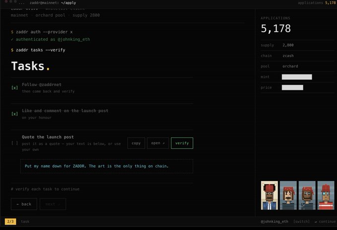 A dark-themed web interface for 'zaddr' showing a 'Tasks' page with verification options and a sidebar displaying '5,178 APPLICATIONS' with details about supply, chain, and pool for 'orchard'.