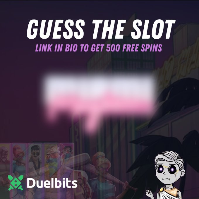 The image features a cartoon character with a white face, dressed in blue clothing, standing against a purple background. The caption reads "Guess the slot", which seems to be a game or challenge related to slots at a casino. The post also mentions that there are "500 free spins" and "link in bio to get 500 free spins".