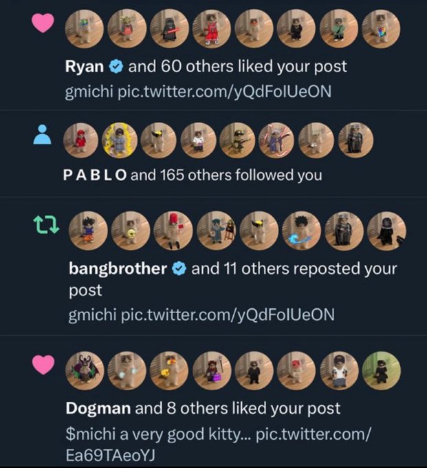 A Twitter notifications screen shows engagement on posts by users "gmichi" and "michi," with Ryan (60 others) and Dogman (8 others) liking posts, PABLO (165 others) following, and bangbrother (11 others) reposting, all featuring profile pictures of cats in costumes. The accompanying post references "$apu" and "murad," suggesting the viral engagement is related to an Apu coin pump-and-dump scheme, highlighting how a post gained massive traction before crashing.