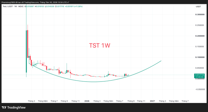 A TradingView candlestick chart for TST/USDT on MEXC showing a cup-and-handle pattern with the text 'TST 1W' highlighted in red.