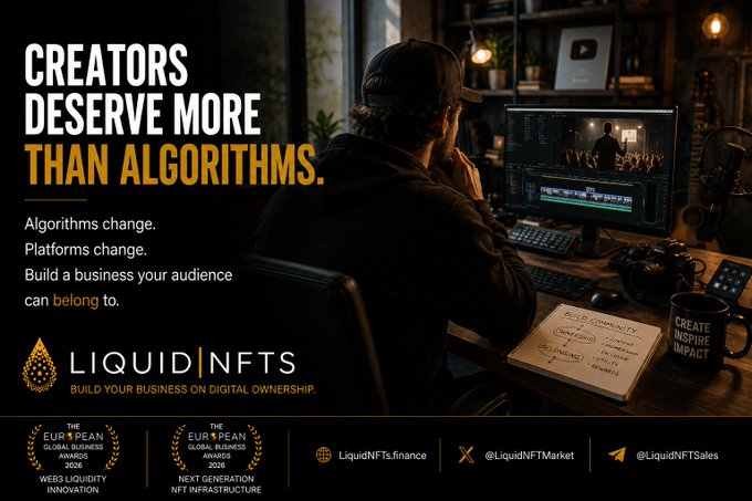 A video editor works at his desk, with the ad reading "CREATORS DESERVE MORE THAN ALGORITHMS" and promoting LiquidNFTs (LiquidNFTs.finance), an NFT platform supporting Ethereum, Polygon, BNB, BESC, and XRPL—reinforcing the post's message about multi-chain creator freedom.

The image shows the marketer/creator literally building his own content on his own terms at his workstation, visually echoing the campaign's call for creators to build a business their audience—and they themselves—can belong to, independent of any single platform.