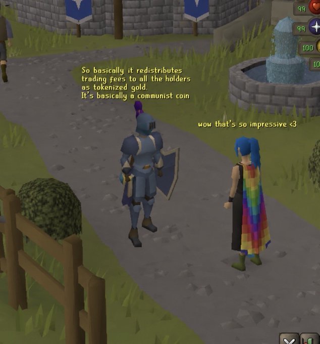 A knight in armor and a character wearing a rainbow cape stand on a path near a fountain in Old School RuneScape, with chat text reading "So basically it redistributes trading fees to all the holders as tokenized gold. It's basically a communist coin" and "wow that's so impressive <3". The meme humorously pairs the post about building a "GP/GLDX portfolio" with OSRS in-game chat mocking crypto culture by comparing tokenized gold to "a communist coin."