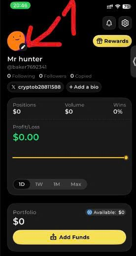 A dark mobile profile screen for “Mr hunter” (@baker7692341) shows 0 followers, 0 copied posts, $0 profit/loss, an available $0 portfolio, and an “Add Funds” button.