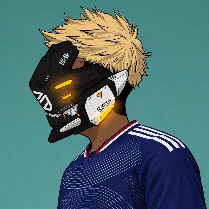 An anime-style illustration of a person with spiky blonde hair wearing a futuristic black and white mask and a blue sports jersey against a teal background.