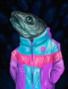 A surreal digital illustration of a fish-headed creature wearing a vibrant blue, pink, and purple pixelated track jacket.