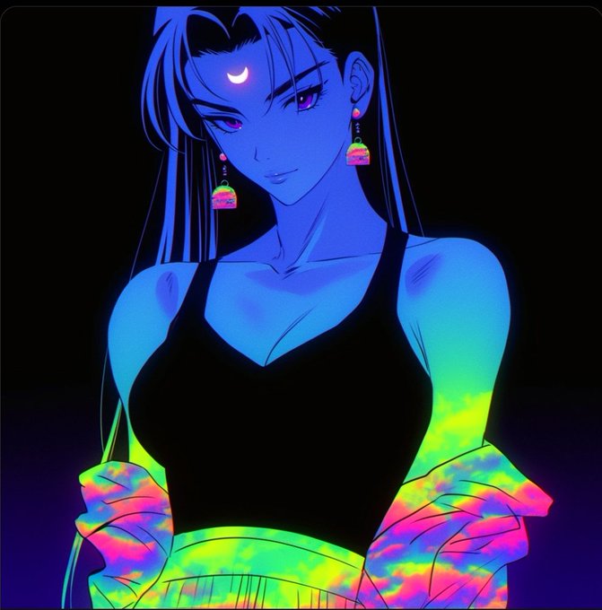A vibrant digital artwork of a woman with a crescent moon on her forehead and colorful earrings, her body rendered in psychedelic neon hues of blue, green, and pink.