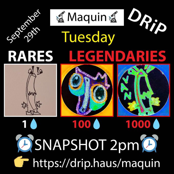 A promotional graphic for a 'Maquin' NFT drop on DRIP, scheduled for Tuesday, September 29th at 2pm, showing Rares (1 drop), Legendaries (100 drops), and a special item (1000 drops).
