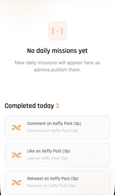 A daily missions screen showing "No daily missions yet" with a "Completed today 3" section listing Comment, Like, and Retweet on Xeffy Post tasks (3p each), highlighting user engagement milestones for the upcoming Xeffy Season 2 launch.