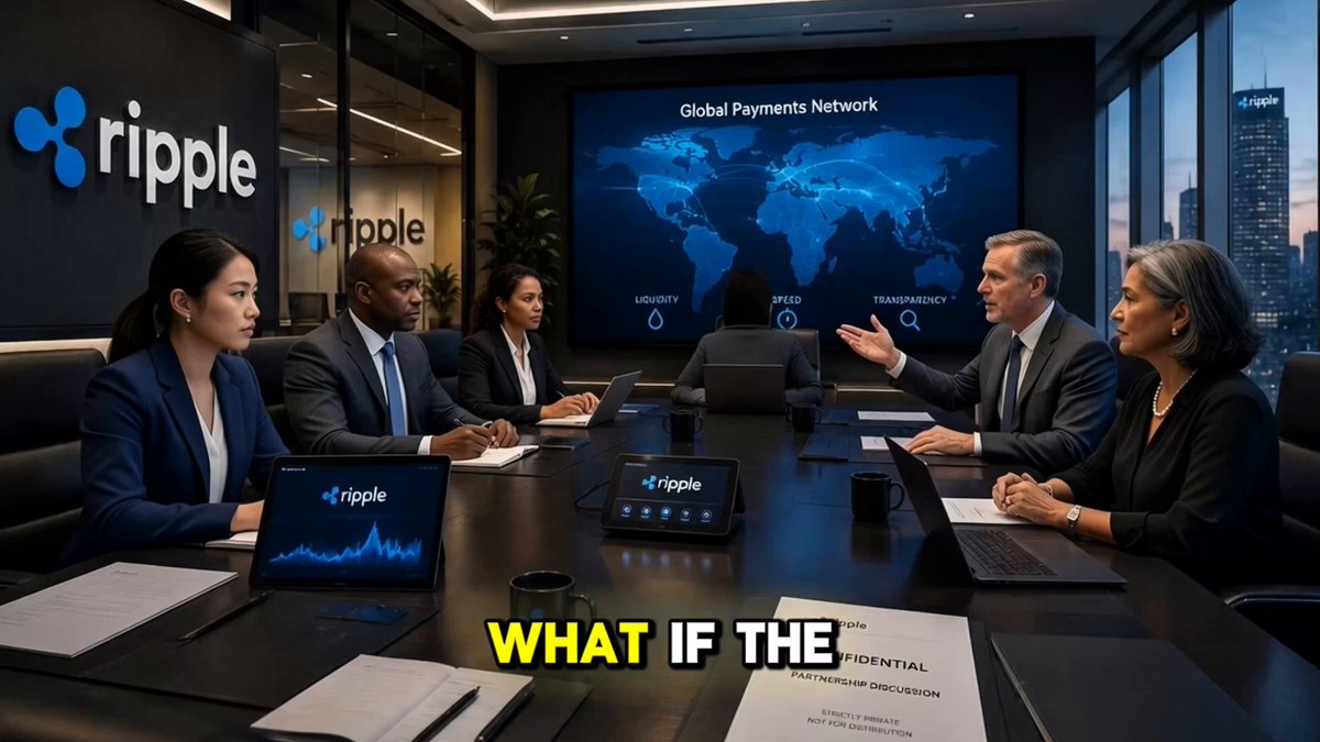 The image shows a group of people sitting around a conference table, with a large screen displaying a map of the world behind them. They appear to be engaged in a meeting or discussion related to Ripple Cryptocurrency. The text "XRP THEORY What if some of the world's biggest financial institutions are already testing XRP behind closed doors? Major partnerships are often announced months after the real work begins." suggests that this gathering might involve discussions about Ripple and its potential impact on the financial industry, possibly even a test or trial involving Ripple Cryptocurrency.