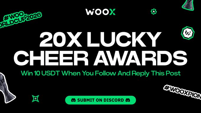WOOX promotional graphic advertising '20X LUCKY CHEER AWARDS' with #WOOXWORLDCUP2026 hashtag, offering 10 USDT for following and replying, with a 'SUBMIT ON DISCORD' button.