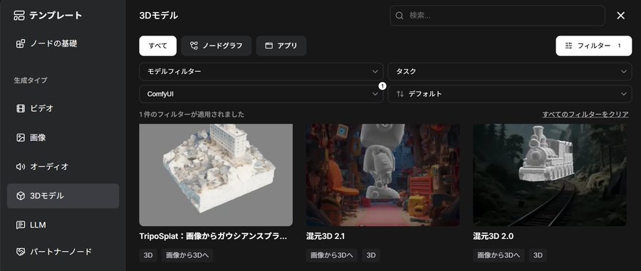 A Japanese-language AI platform interface for 3D model generation shows the '3Dモデル' menu selected, featuring template options like 'TripoSplat' (image to voxel brush), '次元3D 2.1', and '次元3D 2.0' (image to 3D), with filters for ComfyUI and default tasks.