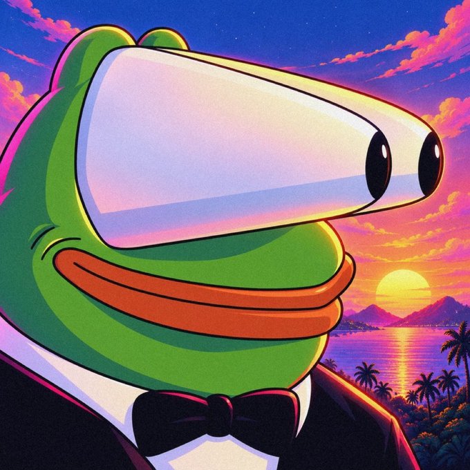 An illustrated Pepe the Frog character wearing a tuxedo and bow tie, set against a vibrant retro sunset with palm trees and ocean.