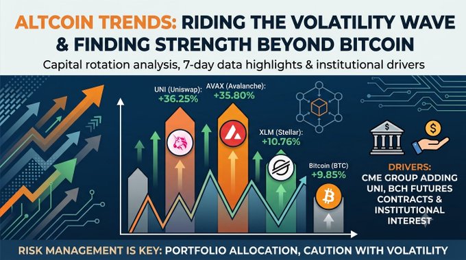 An infographic titled 'ALTCOIN TRENDS: RIDING THE VOLATILITY WAVE & FINDING STRENGTH BEYOND BITCOIN' displays 7-day performance data for UNI (+36.25%), AVAX (+35.80%), XLM (+10.76%), and Bitcoin (+9.85%), noting CME Group adding UNI and BCH futures contracts as institutional drivers.