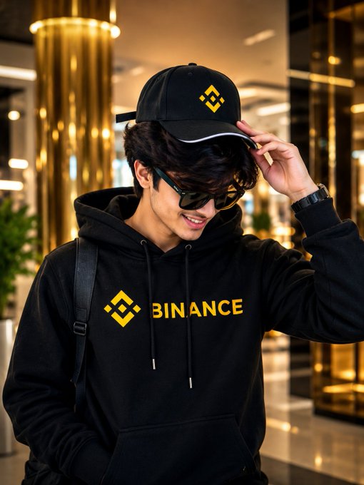 A smiling young man wearing sunglasses, a black cap, and a black hoodie with the yellow 'BINANCE' logo and Binance symbol stands in a luxury interior.
