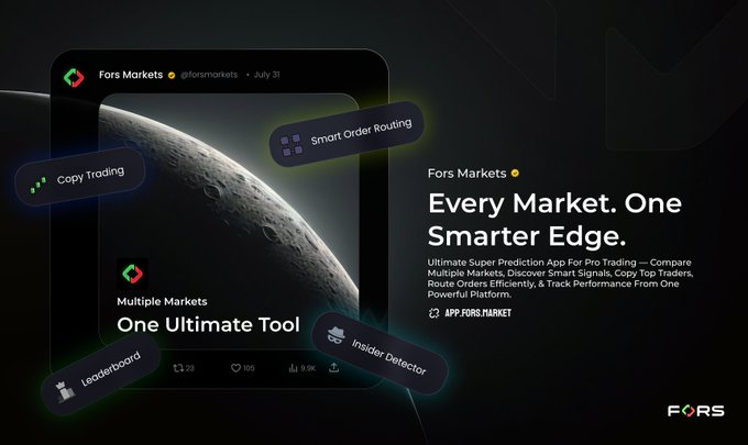 A promotional graphic for Fors Markets (@forsmarkets) featuring a dark cosmic background with a moon, showcasing a social media post interface with the headline "Every Market. One Smarter Edge." The design highlights key features floating around the central post: Copy Trading, Smart Order Routing, Insider Detector, and Leaderboard, with the engagement metrics showing 23 comments, 105 likes, and 8.9K views, alongside the Fors Markets logo and branding.