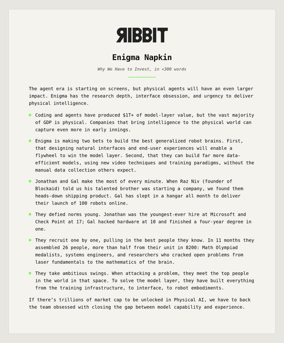 A Ribbit investment document titled 'Enigma Napkin: Why We Have to Invest, in <300 words' discussing the founders' background and the opportunity for physical AI agents.