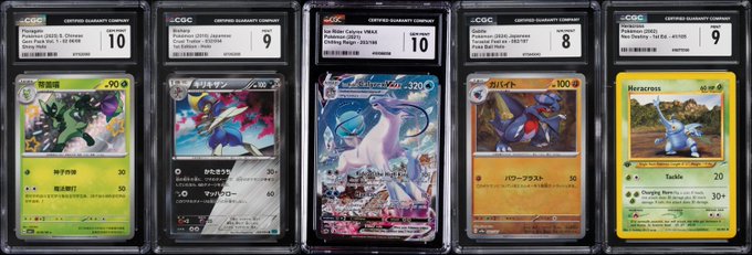 Five graded Pokémon cards displayed in CGC slabs, including Sceptile, Zamazenta, Mewtwo, Garchomp, and Heracross, all receiving high grades of 8, 9, or 10.