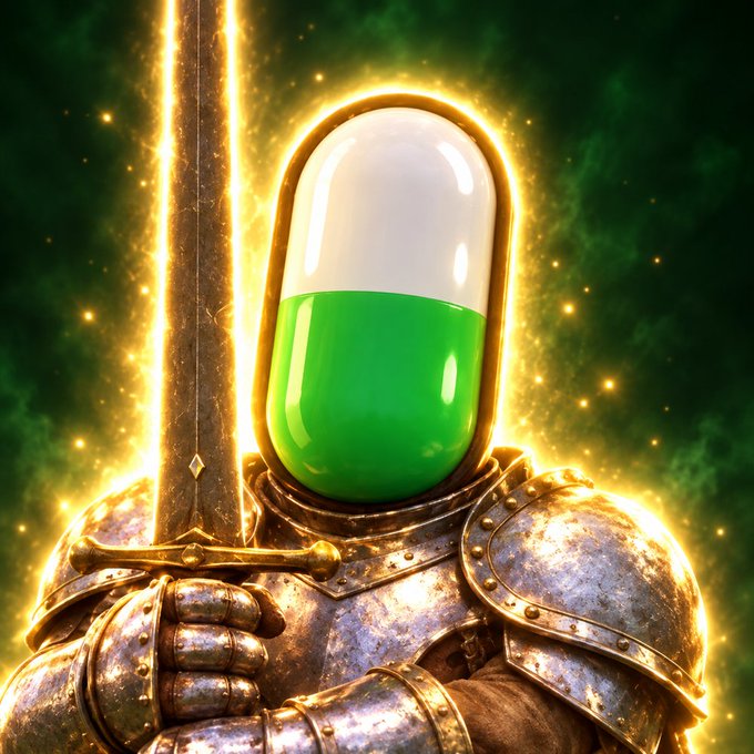 A fantasy-style warrior figure in ornate gold and silver armor holding a sword, with a glowing green and white pill capsule for a head, set against a cosmic green and gold background.