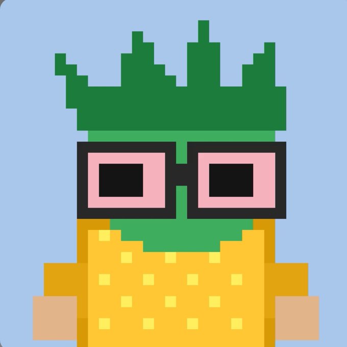 A pixel art character with green hair styled like trees/foliage, wearing large pink square glasses and a yellow patterned shirt, against a light blue background.