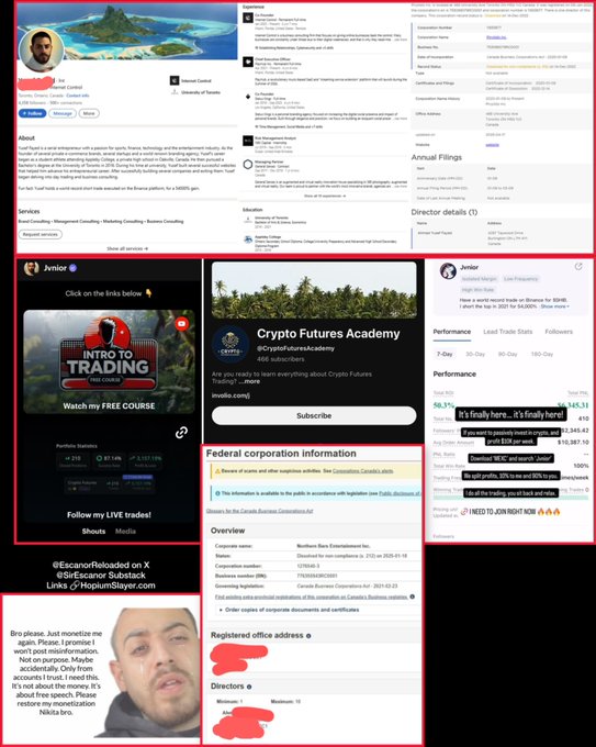 A collage of corporate filings, social media profiles, and business registration screenshots for "Northern Bars Entertainment Inc." and affiliated companies owned by Tarun Dhillon, including references to dissolved entities like Plvylists Inc. and Cvlt Conglomerate Inc., visually supporting the claim that Jvnior's associated corporations were struck off for non-compliance with corporate filing requirements.