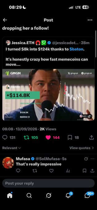 A Twitter/X post by Jessica.ETH (@jessicadot...) shows a meme featuring Leonardo DiCaprio with text 'I turned $8k into $124k thanks to $baton' and a chart showing +$114.8K.