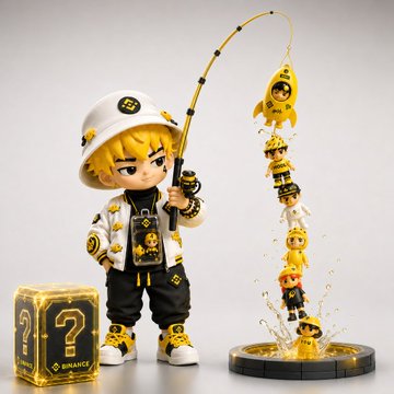 The image features a boy wearing a white hat, holding a yellow fishing rod with a fish on top of it. The boy appears to be posing for the photo while standing next to a small cube-shaped object that has the word "binance" written on it. The scene is set against a gray background, and there are several other objects in the image as well, including a yellow bird figurine and a black and white fish figurine.