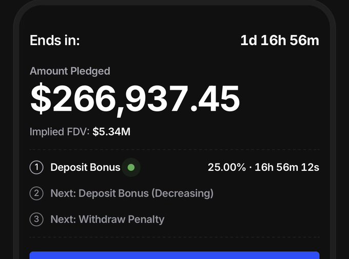 A dark-themed dashboard shows the $HEEBOO public sale ending in 1 day, 16 hours, and 56 minutes, with $266,937.45 pledged (implying a $5.34M FDV), a current 25.00% deposit bonus, and upcoming stages for a decreasing deposit bonus and withdraw penalty—matching the post's screenshot of early sale momentum.