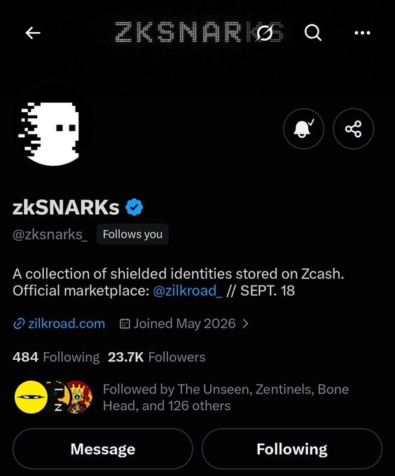 A Twitter/X profile page for 'zkSNARKs' (@zksnarks_) with 23.7K followers, describing itself as 'A collection of shielded identities stored on Zcash. Official marketplace: @zilkroad_ // SEPT. 18'.