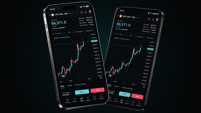 Two iPhones displaying a crypto trading app showing BTC/USD charts with the price at 86,371.0 and Buy/Sell buttons.