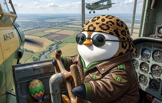 A 3D-rendered penguin character dressed as a pilot with a leopard print bandana, sunglasses, and a leather flight jacket, piloting an aircraft (marked 'AH-2T5') over a countryside with another helicopter visible outside.