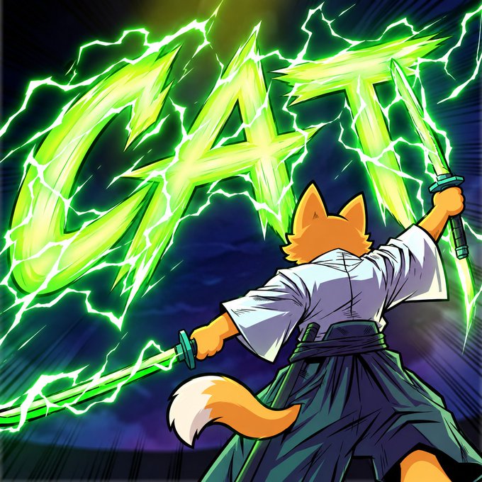 An anime-style illustration depicts an anthropomorphic orange cat character wielding two swords and generating a glowing green 'CAT' energy effect with lightning.