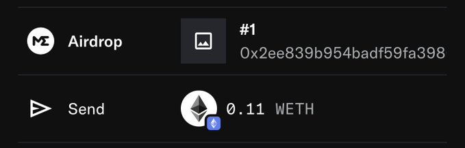 A dark-themed crypto wallet interface showing an 'Airdrop' section with token '#1' (0x2ee839b954badf59fa398...) and a 'Send' option with 0.11 WETH balance.