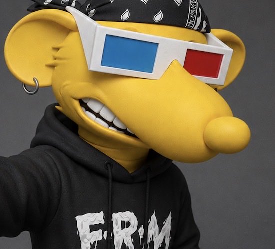 A close-up 3D rendering of a yellow anthropomorphic mouse character wearing 3D glasses, a bandana, an earring, and a black hoodie with 'F.R.M' printed on it.