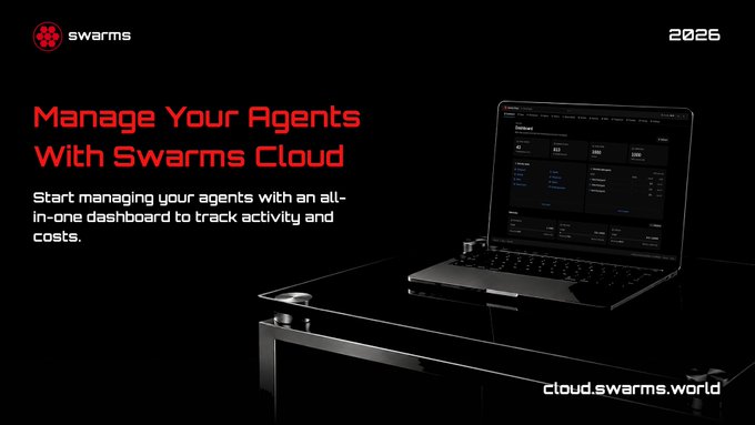 A promotional graphic for Swarms Cloud 2025 that reads 'Manage Your Agents With Swarms Cloud,' showing a laptop on a glass table with an agent dashboard at cloud.swarms.world.