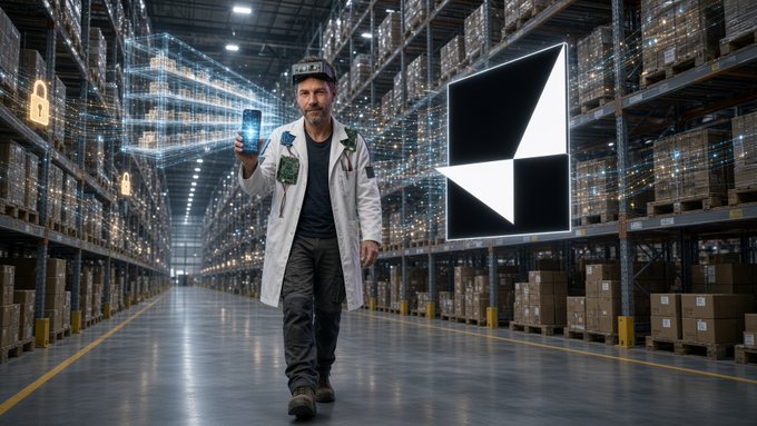 A man in a lab coat walks through a warehouse while holding a glowing device, with a digital holographic shield icon floating beside him.