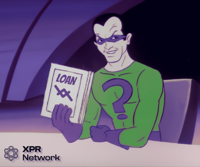 The image features a cartoon character dressed as a superhero, holding up a book titled "Loan" with a question mark over it. The title of the post reads "What'next? Compounding interest with a fat stack of $LOAN and $XPR every day for the next 10 years on @XPRNetwork". The image is related to the post because it shows how compound interest works, using the character as an example.