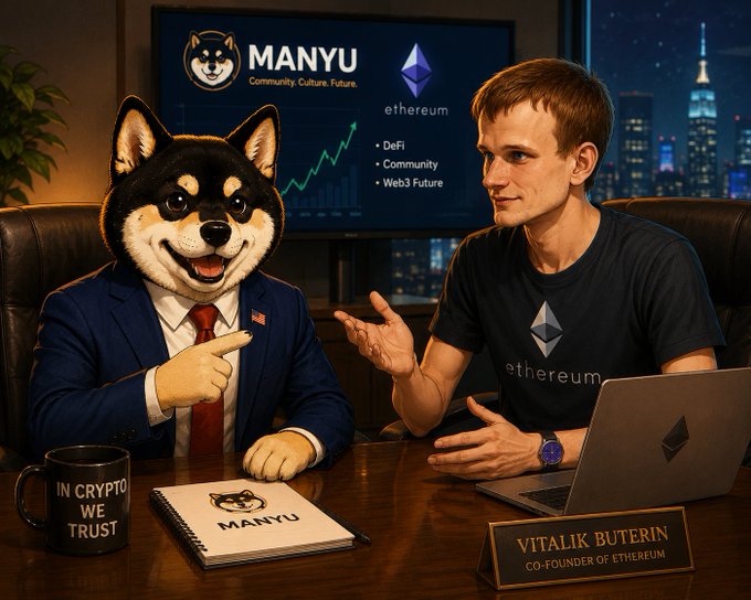 The image features a man dressed as a businessman, wearing a suit and tie, sitting at a desk with a laptop computer open in front of him. The man also has a dog costume on, which adds an element of humor or creativity to the scene. In the background, there is a TV screen displaying information about Bitcoin and its future.