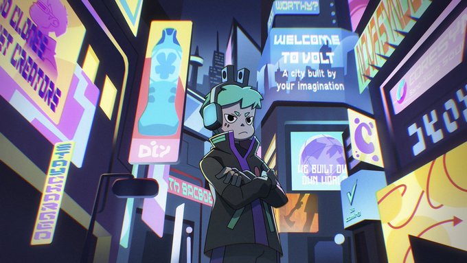 The image depicts a stylized animated character with green hair and a VR headset standing amid a vibrant neon-lit cyberpunk cityscape, surrounded by glowing signs reading "WELCOME TO VOLT," "A city built by your imagination," "DIY," and "HACKATRON." The futuristic, community-driven atmosphere of "Volt" visually echoes the post's description of building an active NFT ecosystem rather than passively holding tokens.