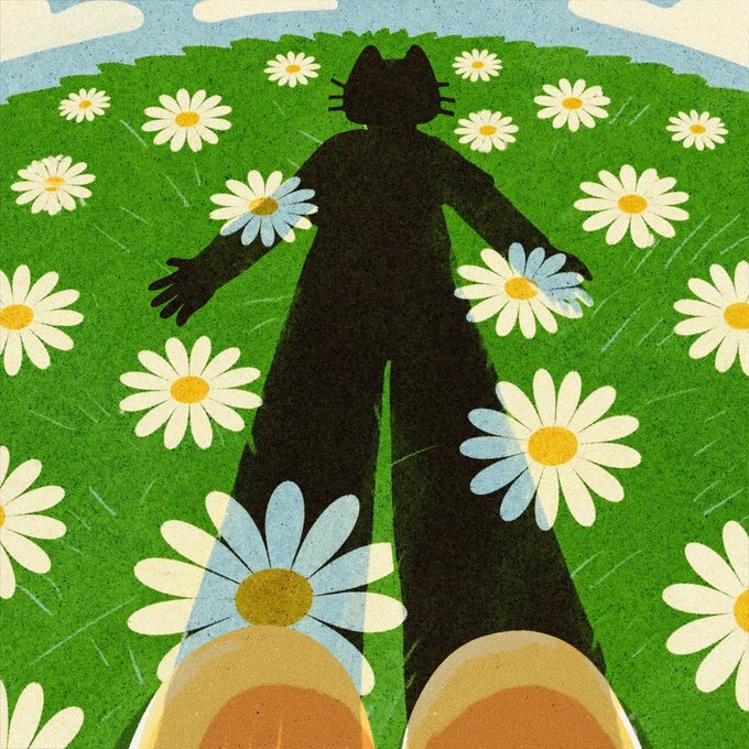An illustration depicting a black silhouette of a cat-like figure standing in a field of white daisies under a blue sky with clouds, with the shadow extending dramatically toward the viewer.