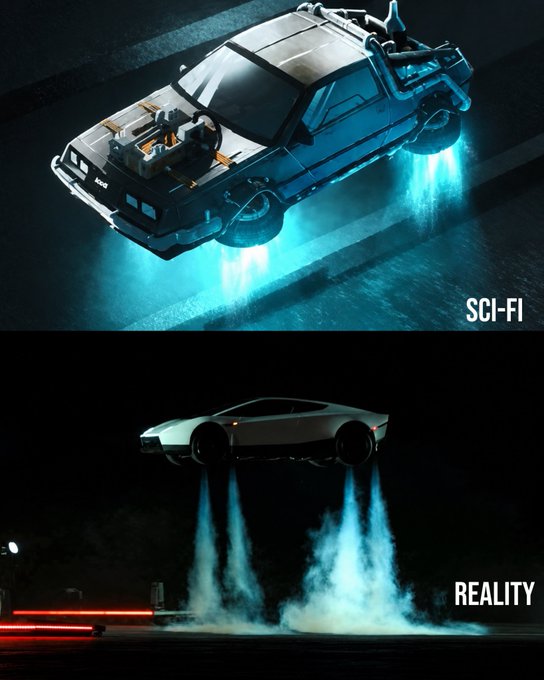 A split image contrasts "SCI-FI," showing a stylized flying car from a movie, with "REALITY," showing an actual Tesla vehicle hovering with thruster-like downforce at night—illustrating Elon Musk's efforts to turn futuristic concepts into real-world technology.