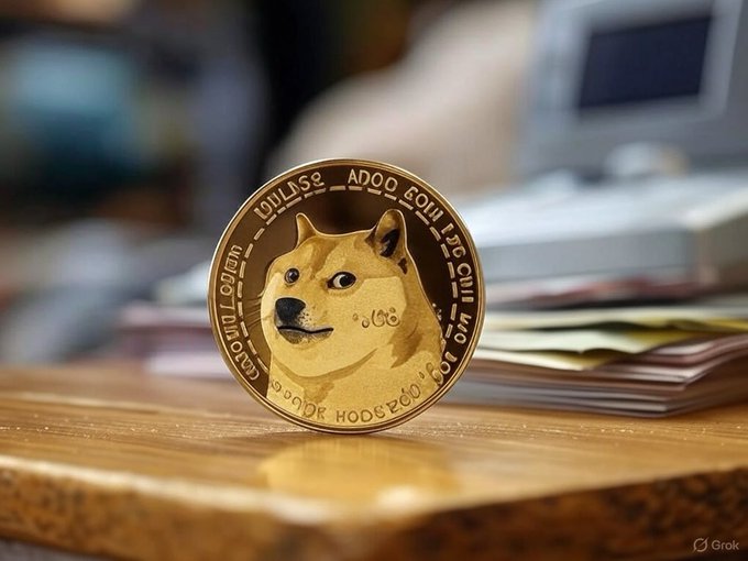 A physical Dogecoin cryptocurrency coin sits on a wooden surface with stacks of cash blurred in the background. The image connects to the post by visually referencing the price check of Dogecoin, the meme-inspired cryptocurrency featuring the iconic Shiba Inu dog on its face.