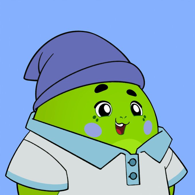 A cartoon illustration of a round green character with freckles and rosy cheeks, wearing a purple beanie and a light blue collared shirt against a blue background.