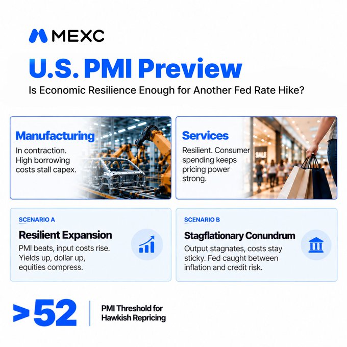 A MEXC Research infographic titled "U.S. PMI Preview: Is Economic Resilience Enough for Another Fed Rate Hike?" contrasts a contracting Manufacturing sector with a resilient Services sector, and outlines two scenarios—Resilient Expansion (yields and dollar up, equities down) versus Stagflationary Conundrum (sticky costs, Fed caught between inflation and credit risk)—noting that a PMI print above 52 could trigger hawkish repricing, which directly complements the post's question about whether good economic data will hurt markets.
