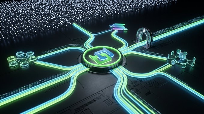 A futuristic 3D rendering depicts a glowing green and blue network hub with pathways radiating outward to various technology-themed icons on a circuit board surface.