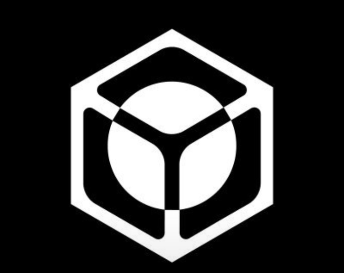 A black and white geometric logo featuring a stylized 3D cube/hexagonal design on a black background.