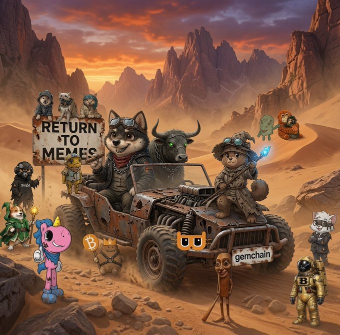 A post-apocalyptic desert scene featuring cartoon characters in a rugged vehicle near a sign reading 'RETURN TO MEMES', with references including 'gemchain'.