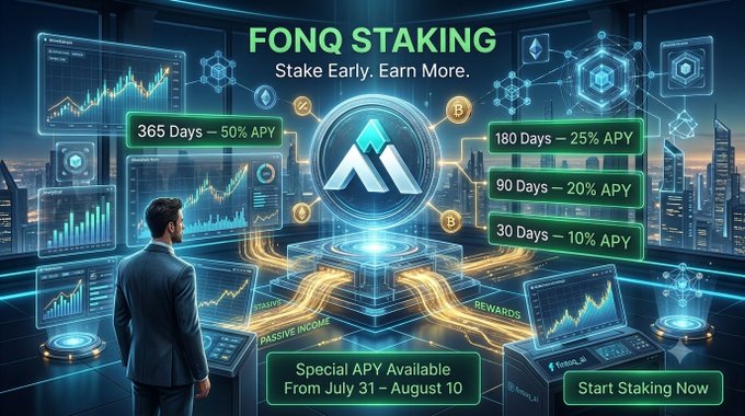 The image is a promotional graphic for "FONQ STAKING" with the tagline "Stake Early. Earn More," showcasing tiered APY rewards: 365 Days at 50% APY, 180 Days at 25% APY, 90 Days at 20% APY, and 30 Days at 10% APY, with a special APY offer from July 31–August 10. It features a futuristic cityscape, a man in a suit viewing holographic charts, and a "Start Staking Now" call-to-action, aligning with the post's theme of Fintoq AI delivering real utility through tangible staking benefits for its community.