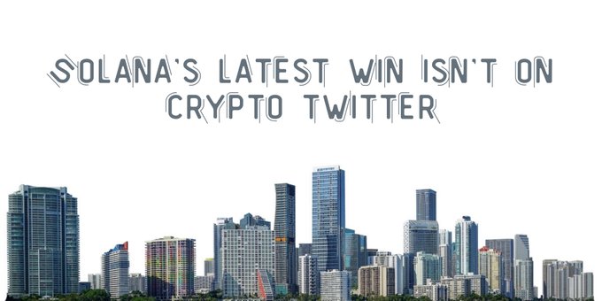 The image features the text "SOLANA'S LATEST WIN ISN'T ON CRYPTO TWITTER" displayed over a cityscape of Miami skyscrapers. This relates to the post by highlighting Solana's mainstream achievement—becoming the first crypto used for WSOP tournament buy-ins—rather than focusing on typical crypto trading wins, emphasizing a significant real-world adoption milestone.