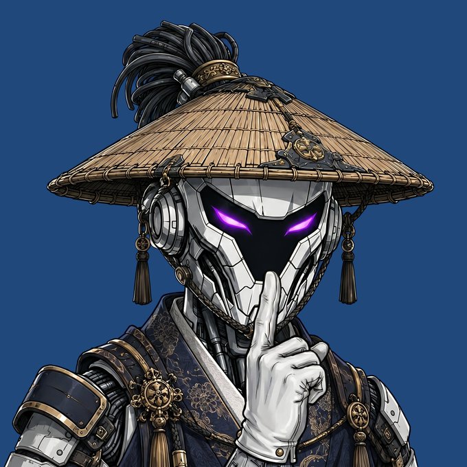 The image features a robot or cyborg wearing a traditional Japanese hat, also known as a geisha's hat. The robot has its hand raised to its face, with its fingers pointing downwards. The background of the image is blue, which complements the hat and adds depth to the scene. The caption at the bottom of the image reads "Good Morning. #ZombieGoddesses #Tezos #DigitalArt".